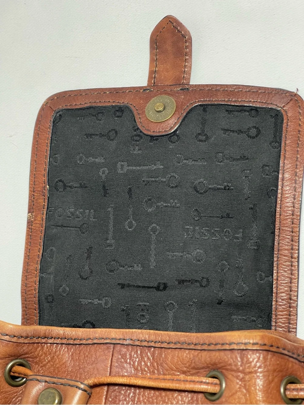 Vintage FOSSIL Cognac Brown Leather Drawstring Bucket Backpack Rucksack Bag